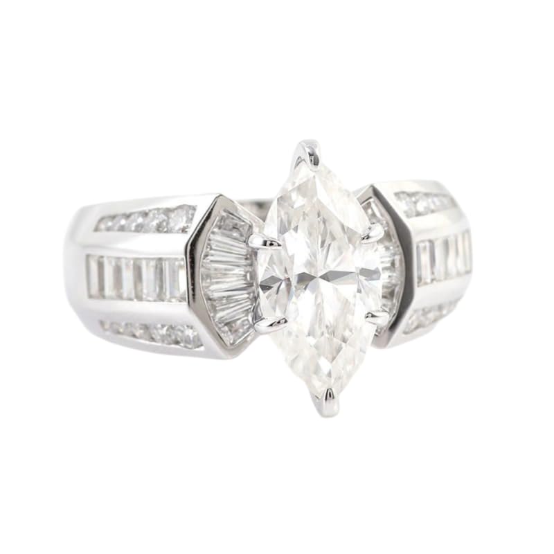 DINESH STORES Classic Marquise Diamond Engagement Ring, Baguette Side Stones, 925 Sterling Silver, 14K White Gold Plated, Sizes 4-13, Anniversary Ring