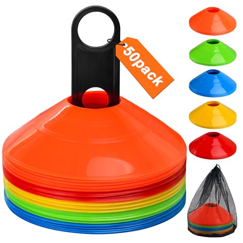 Image of Alytree 50 Pack Football Training Cones, Football Sports Cones Marker Disc Cones Set with Carry Bag and Cone Holder, Training Equipment for Kids Football Practice, Sports, Games