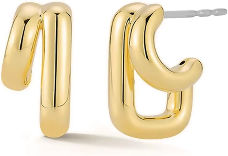 Obidos 14K Gold Plated Illusion Stud Earrings for Women | Triple Huggie Hoop Earrings for One Hole| Trendy Simple Hypoallergenic Fashion Accessories Gold Jewelry Gifts for Womens