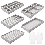 Paquete de 5 bandejas organizadoras de joyas, bandeja de terciopelo apilable, con guantes, inserciones de cajones, organizador de aretes para aretes, anillos, pulseras, broches, diseño de múltiples
