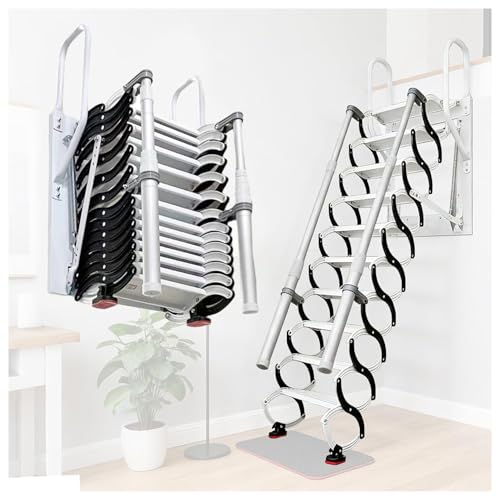 11.5ftRetractable Loft Foldable Ladder, Extra Wider 4in, Stairs Pull Down System for14 Steps, Wall-Mounted Collapsible Ladder, Attic Stairs with 2 Handrails, 660lb Capacit (14 Steps)