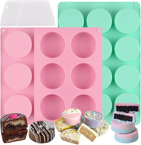 Cake Pop Mould & Oreo Mold Set – 3 Pack Silicone Cake Puck Mold Set with 2 Scrapers, 2 Sizes (Green & Pink), Non-Stick Chocolate Cookie Mold, Safe for Oven, Microwave, and Dishwasher Damaill