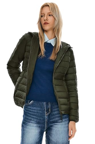 Orolay Womens Packable Down Jacket Hooded Ultra Light Weight Short Puffer Coat with Pockets Armygreen M