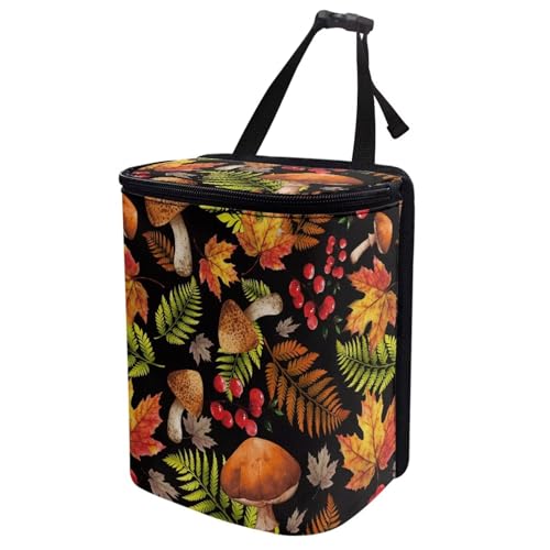 Image of Talayituse Mushroom Berry Maple Leaves Print Car Trash Can with Adjustable Straps, Car Trash Bag Bin Car Garbage Bag Multipurpose Storage Box Thanksgiving Decor for Vehicle Travel Camping Picnicing