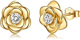 Silver Stud Earrings for Women Girls, Rose Flower Sterling Silver Earrings Cubic Zirconia StudsWhite Gold & Yellow Gold & Rose Gold Plated Dainty Earrings Jewellery Gifts
