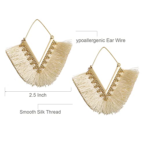 Statement Tassel Earrings, Delicate Bohemian V Shap Tassel Hoop Earring Elegant Fringe Drop Dangle Earrings For Women Girls (Ivory) #TOP4