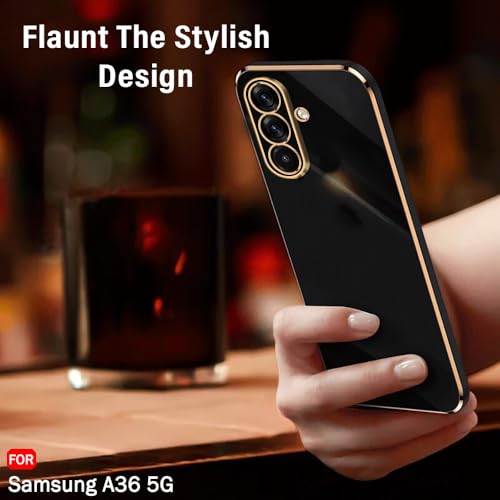 Image of TheGiftKart Luxurious Golden-Plated Back Cover Case for Samsung Galaxy A36 5G | Raised Lips for Camera & Screen Protection | ShockProof Design | Stylish Back Cover Case for Samsung A36 5G (TPU, Black)
