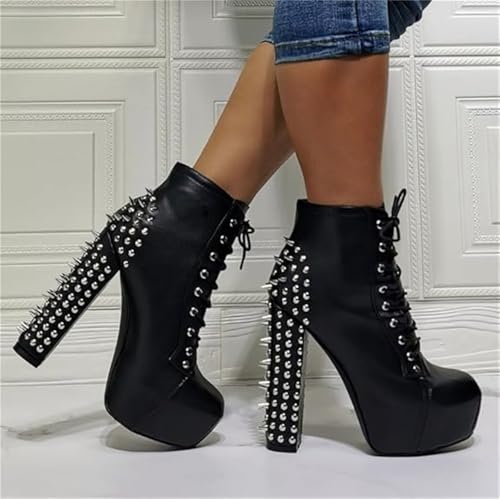 richealnini Front Tie Up Riding Biker Boots for Women with Zipper Studded Rivet Block Heels Platform Ankle Boots3