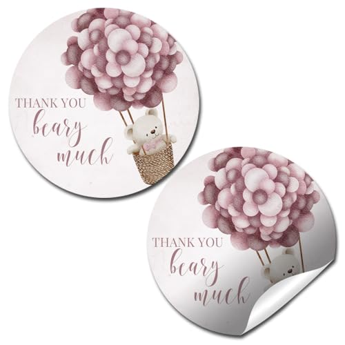 Pink Teddy Bear Baby Shower Stickers for Girls - 40 2" Round Circle Labels - Cute Balloon Bear Party Favor Stickers, Gift Bag Labels & Envelope Seals by Amanda Creation -  aw_sticker_pinkteddybear