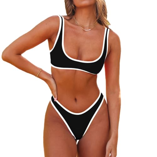 SherryDC Women's Sexy Scoop Neck Bikini Sets Color Block High Cut Thong Brazilian Two Pieces Swimsuit Bathing Suit