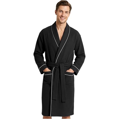 Get Trend Peignoir Homme et Ados M–3XL, Léger et Gaufré Robe de Chambre avec Ceinture, Spa et Voyage Accessoires, Cadeau Homme (L, Noir)