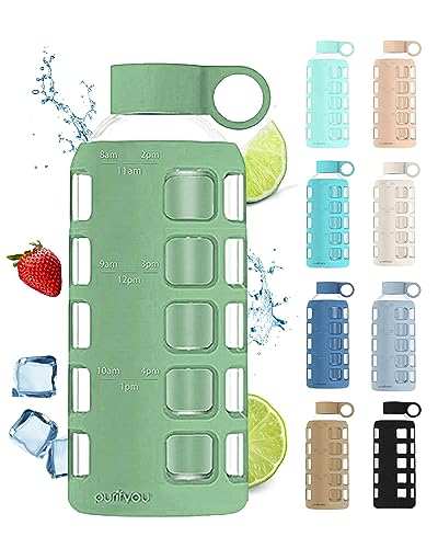 Image of purifyou 40oz / 32oz / 22oz / 12oz Borosilicate Glass Water Bottle with Time & Volume Markers, Silicone Sleeve, Stainless Steel Lid | Reusable Glass Bottle for Water & Juice (22oz Shale Green)