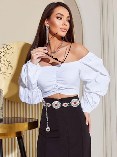 FIORETTO Western Waist Chain Belt for Women, Metal Concho Belt, Adjustable Cowgirl Cowboy Boho Belt for Dresses, Jeans, Country Concert & Festival Outfits, Red Stone, Length 45inch — view 5