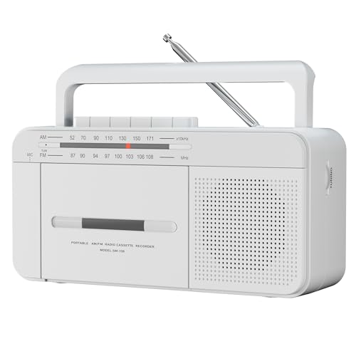 SEMIER Portable Cassette Player Recorder Boombox with AM/FM Radio, AC or Battery Powered Vintage Casette Tape Player with Loud Speaker and Earphone Jack for Home or Outdoor White