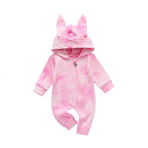 Toddler Baby Girl Boy Rabbit Ears Romper Newborn Easter Hoodie Solid Color Long Sleeve Button Jumpsuit Pajamas (18-24M, D-Pink)