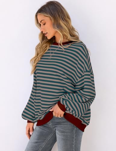 Image of UEU Women Oversized Striped Crewneck Sweatshirt Long Sleeve Color Block Pullover Tops Casual Loose Workout Shirt