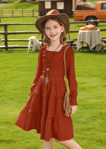 HOZIY Girls Long Sleeve Dress Ruched Smocked Tiered Ruffle A-Line Casual Boho Teen Dresses with Pocket Size 6-16 Years