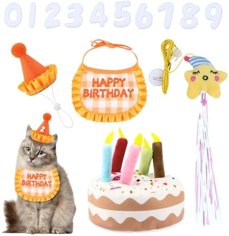 Katzen Geburtstag Outfit Set, Geburtstag Bandana und Hut mit 0-9 Zahlen, Plüsch Geburtstagstorte und Lustiges hängendes Katzenspielzeug mit Katzenminze, Süßes Geburtstagsgeschenk f