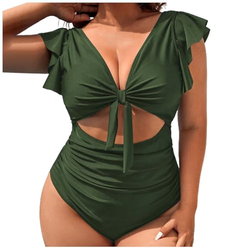 Genérico Traje de baño de talla grande para mujer, color sólido, talla alta, Monokini elegante, traje de baño para damas, traje de baño, soporte de garganta integrado, verde, L