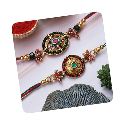 Image of eCraftIndia Set of 2 Lord Ganesha and Om Religious Rakhi for Brother Bhaiya Bhai | Roli Chawal Pack