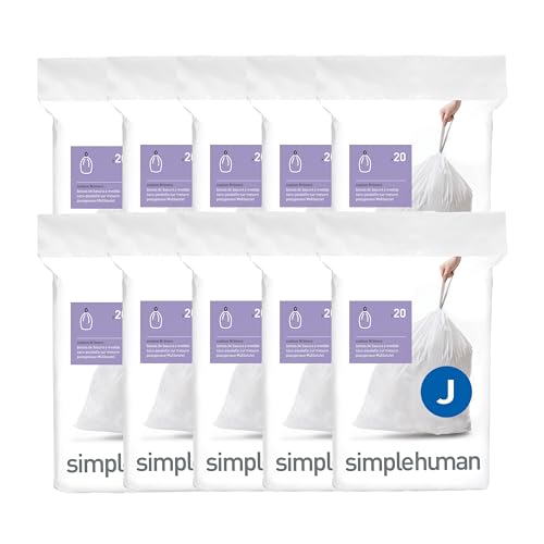 simplehuman Code J 200 Count Custom Fit Liners Drawstring Kitchen Trash Bags One-by-One Mess-Free Dispense Extra Thick & Double Seamed 50% PCR Plastic 38-45 Liter / 10-12 Gallon White