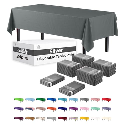 Image of Party Solids Silver Rectangular Plastic Tablecloth - 54x108 Inch, Pack of 24
