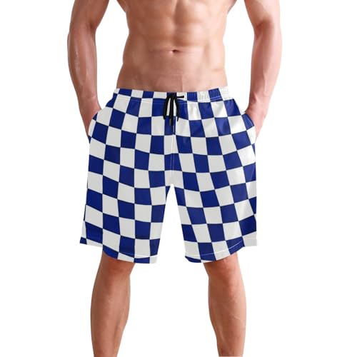 Navy Blue and White Checkered Plaid Shorts for Men Lined Board Shorts Swim Trunks 8”/ 9” Long XL Plus Size Swimming2