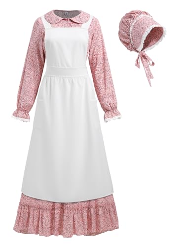 FORTMAC Prairie Dress Women-Pioneer Colonial Costume Floral 1800s Dress for Women with Pioneer Bonnet Apron (pink, Large)