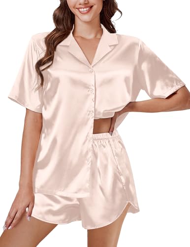 Ekouaer Womens Pajamas Silk Satin Pjs Short Sleeve Button Down