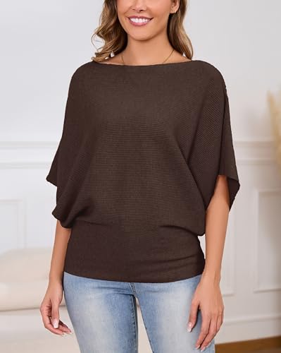 Image of MAKARTHY Womens Batwing Sleeves Knitted Dolman Pullovers Boat Neck Tops Sweatershirts
