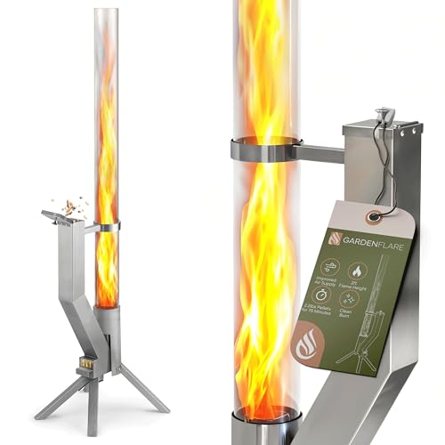 GARDENFLARE Smokeless Firepit Alternative for Patio Porch & Garden – Vertical Fire Tube Using Wood Pellets – Modern Outdoor Fireplace Feature for Ambience & Light Warmth (Silver, Classic)