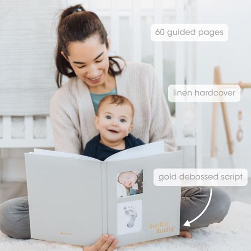 Image of Pearhead Gray Linen Hello Baby Memory Book, Includes Clean-Touch Ink Pad | 60 Guided Pages, Handprint & Footprint Kit, Gender-Neutral Baby Book, Baby Milestone Journal