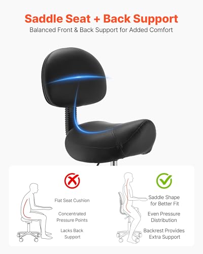 Image of VEVOR Saddle Stool with Back Support, 500 lbs Weight Capacity, Height Adjustable, Quiet Casters, Ergonomic PU Leather Seat, 360 Swivel Saddle Stool Rolling Chair for Salon, Spa, Bar, Medical, Black