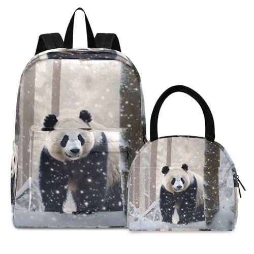 Backpack Lunch Box Set Large Capacity Travel Backpacks and Insulated Lunch Bag for Commute Hiking Picnic Panda Snow Print - Main Image