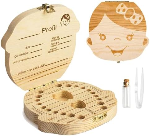 Boîte à Dents De Lait En Bois - Avec Pince à épiler, Bâtonnets, Pot En Verre, 12,8 X 12,8 X 2,8 Cm, Souvenir Bébé