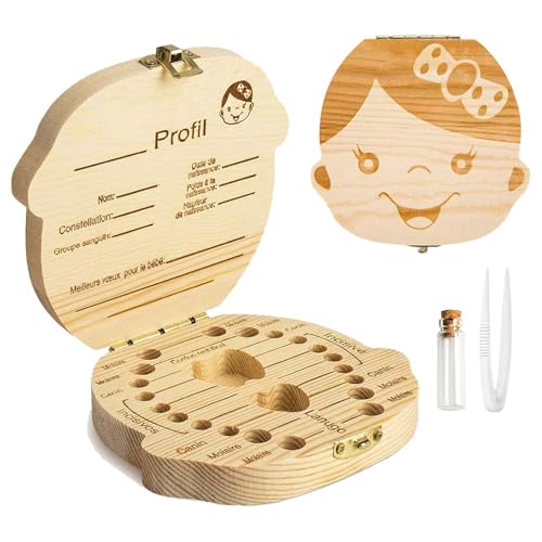 GeekerChip - GeekerChip boîte pour dents de lait(fille) cadeau pour enfants en bois de souvenir,boîte en bois pour ranger les dents[Version française]
