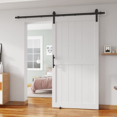 ALAMEDADT 42x84 Sliding Barn Door with 7 Ft Barn Door Hardware Kit& Handle& Floor Guides Pre-Drilled Holes Easy Assembly - Include Installation Manual Water-Proof PVC Surface H-Frame White