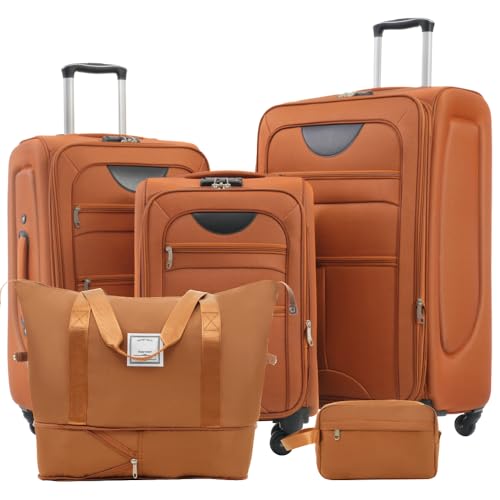 3-Piece Expandable Lightweight Softshell Luggage Set with Suitcase & Duffel Bag, Upright Spinner Wheels for Travel (Orange + Polyester)