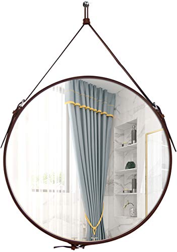 HofferRuffer Round Wall Mirror Decorative Mirror, Hanging Mirror with Hanging Strap Silver Hardware Hooker/Hanger (Brown, 20'')