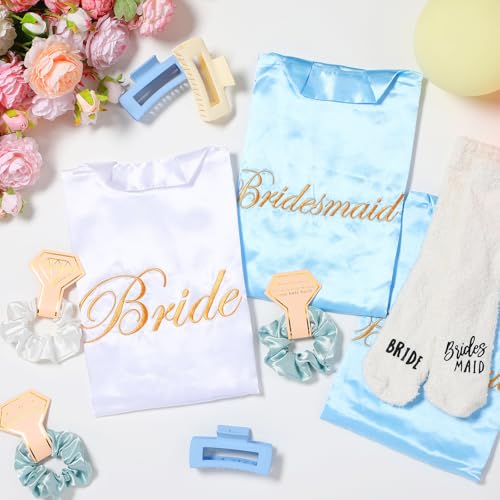 Image of Bonuci 24 Pcs Bride Bridesmaid Robes Set of 6 Bridal Silk Satin Robes for Wedding Bachelorette Party Bridal Shower Gifts