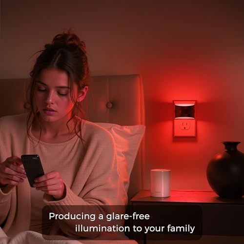 Image of L LOHAS LED Night Light with Motion Sensor & Dusk to Dawn Sensor, Night Lights Plug into Wall with 30-100lm Adjustable Brightness, Dimmable Night Light for Bathroom Hallway, Red, 4 Pack