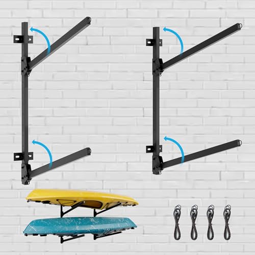 Image of Folding Kayak Wall Rack, 240 lbs Heavy Duty Garage Storage Hanger, 2-Tier Adjustable Mount with 304 Stainless Steel Hardware, Fits Canoe, SUP & Surfboard - Black