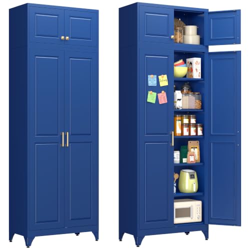 Image of Polup 90 inch Pantry Cabinet, Tall Metal Storage Cabinet with Doors and Shelves | Blue Kitchen Cabinet, 5 Adjustable Shelving, Heavy-Duty, 2 Gold Handles, 4 Standing Feet, for Dining Room Garage & Laundry