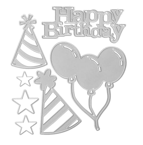Metal Happy Birthday Cutting Dies, A Bundle of Balloons Two Hat Star Shape Set Birthday Party Decoration Die Cuts for Card Making Stencil Embossing Tool Scrapbooking DIY Etched Craft Dies