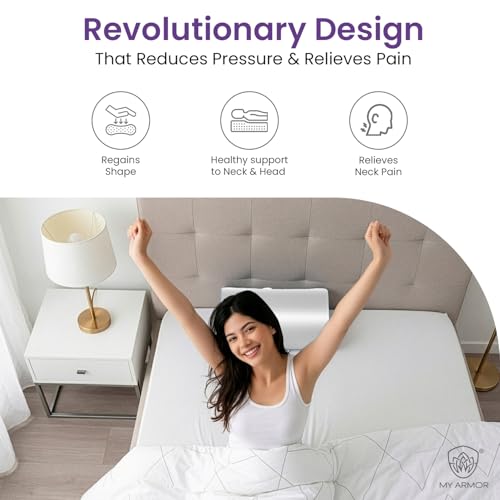 Image of MYARMOR Cervical Pillow for Neck Pain | Contour Design for Neck & Shoulder Pain Relief | Dual Height Ergonomic Support | 18 x 11 x 3.5 Inch | 2 Years Warranty | White Bamboo Cover - Pack of 1