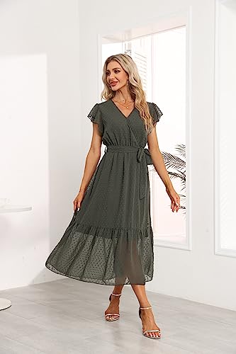 Image of VintageClothing Womens Sundress Casual Floral Summer Boho Dress | Flowy Wrap V Neck Ruffle A-Line Pleated Hem Midi Dresses