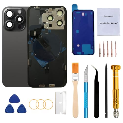 Perzework Rear Back Glass Replacement for iPhone 15 Pro Max 6.7-inches with Reparing Tool Kit and All Necessary Parts (Black Titanium)