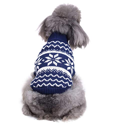 KINGBOO Pull de Noël pour chien ou chat en tricot avec col roulé et capuche Bleu Taille M Cover
