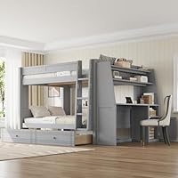 VilroCaz Versatile Full Over Full Bunk Bed with Desk and Bookshelves, Solid Wood Bunk Bed Frame with 2 Drawers and Guardrail for Kids Teens Adults, Space-Saving (Gray-Drawers)