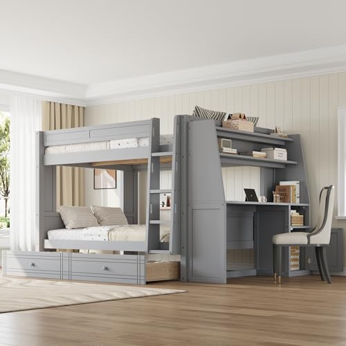 CKLMMC Full Size Multifunctional Bunk Bed with Desk and Bookshelves,